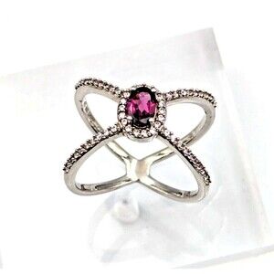 Vintage UTC China Sterling Silver 925 Garnet & Clear CZ Crisscross Ring Sz 7